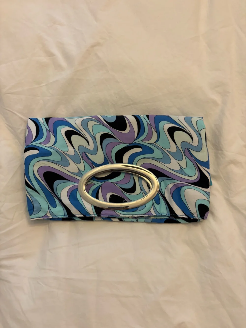 Vintage Swirl Print Oval-Handle Clutch in Blue & Lavender